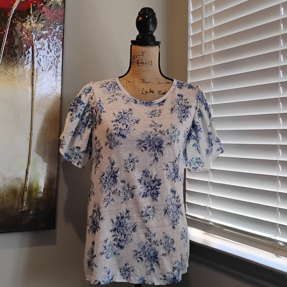 LOFT Blue Floral Puff Sleeve Blouse